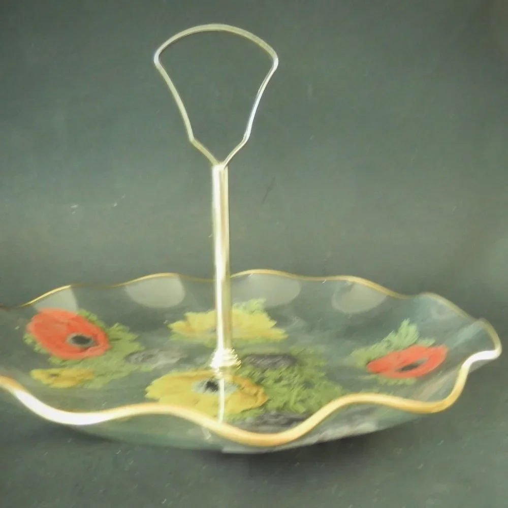 Chance Glass Dessert Plate Dish - 1960s - Anemone Made in England Poppies - Picture 7 of 8